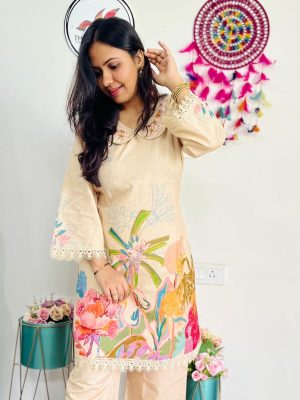 Brush Printed Collared Cotton Linen Coord Set