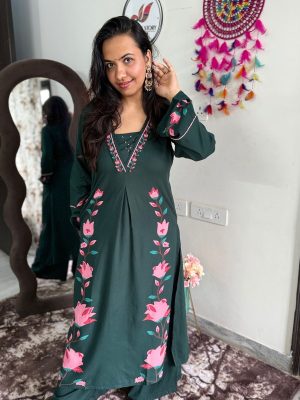 Bottle Green Digital Flowers Kurta Set